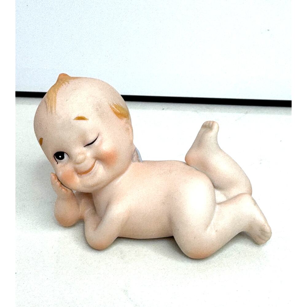 Vintage Lefton Blue Winking Piano Baby Kewpie Bisque Figurine #KW913